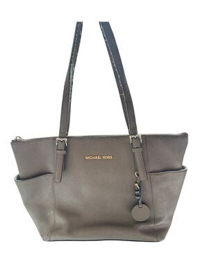 Michael Kors Jet Set Travel Medium Saffiano Leather Tote Bag Taupe Gold Logo